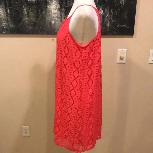 As U Wish Dress Womens Coral Mini Halter Neck Shift Stretch Sheer Lace-Size L - Picture 4 of 11